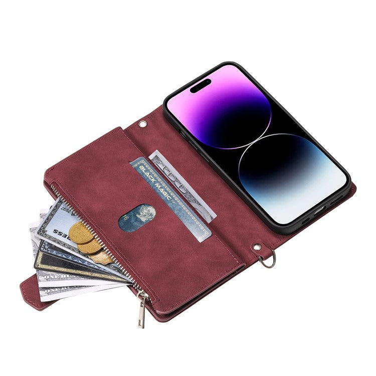 Style 005 For iPhone 16 Plus Case Rhombus Stitching Line PU Leather Zipper Wallet Phone Cover - Wine Red