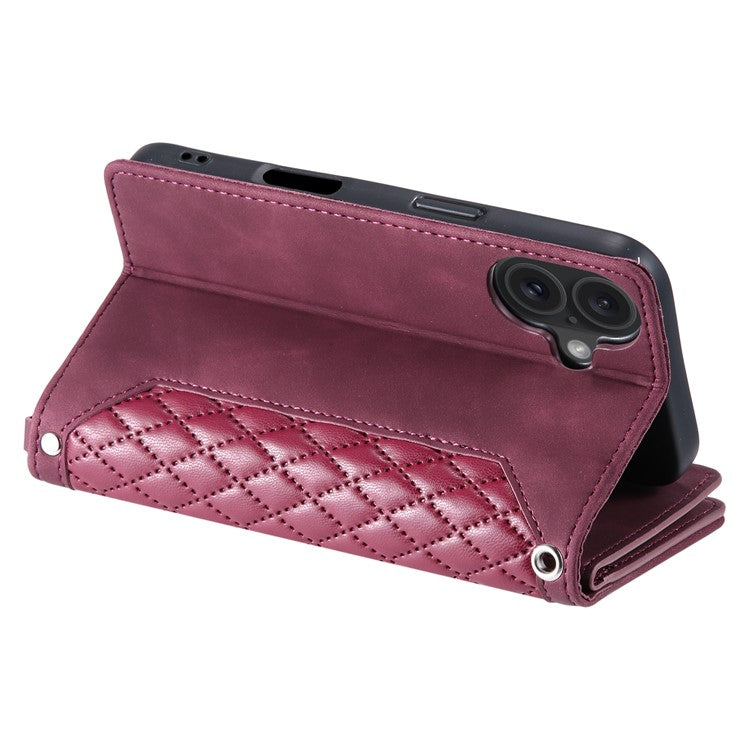 Style 005 For iPhone 16 Plus Case Rhombus Stitching Line PU Leather Zipper Wallet Phone Cover - Wine Red