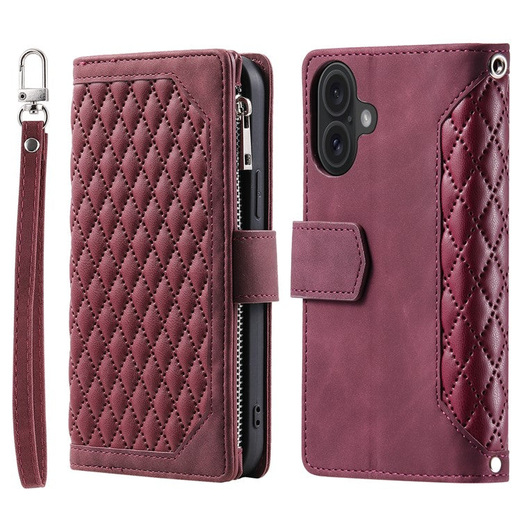 Style 005 For iPhone 16 Plus Case Rhombus Stitching Line PU Leather Zipper Wallet Phone Cover - Wine Red