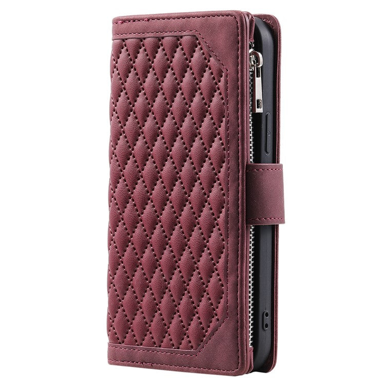 Style 005 For iPhone 16 Plus Case Rhombus Stitching Line PU Leather Zipper Wallet Phone Cover - Wine Red