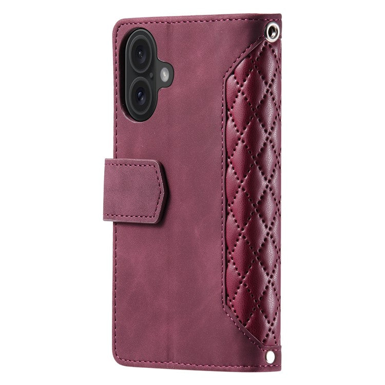 Style 005 For iPhone 16 Plus Case Rhombus Stitching Line PU Leather Zipper Wallet Phone Cover - Wine Red
