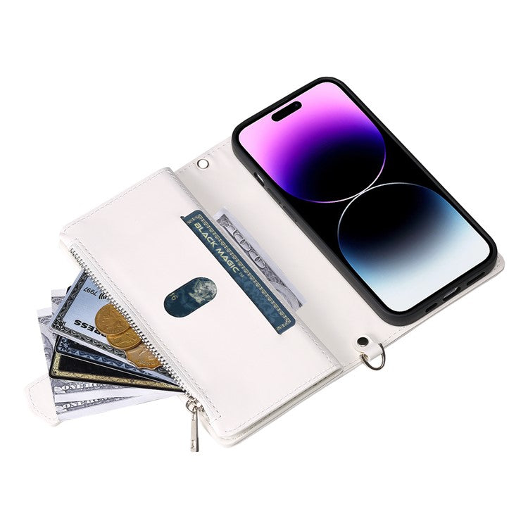 Style 005 For iPhone 16 Plus Case Rhombus Stitching Line PU Leather Zipper Wallet Phone Cover - White