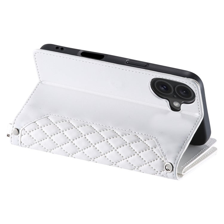 Style 005 For iPhone 16 Plus Case Rhombus Stitching Line PU Leather Zipper Wallet Phone Cover - White