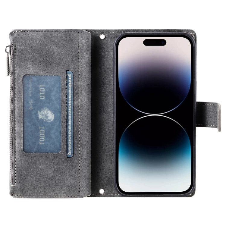 Style 006 For iPhone 16 Case PU Leather Wallet Phone Cover Mandala Flower Pattern - Grey