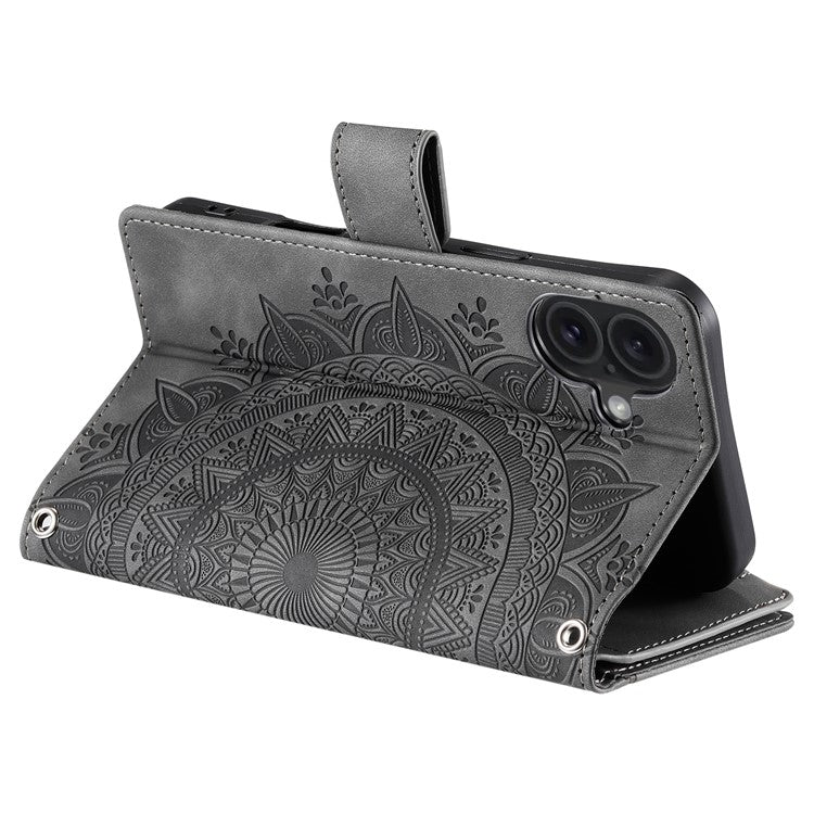 Style 006 For iPhone 16 Case PU Leather Wallet Phone Cover Mandala Flower Pattern - Grey