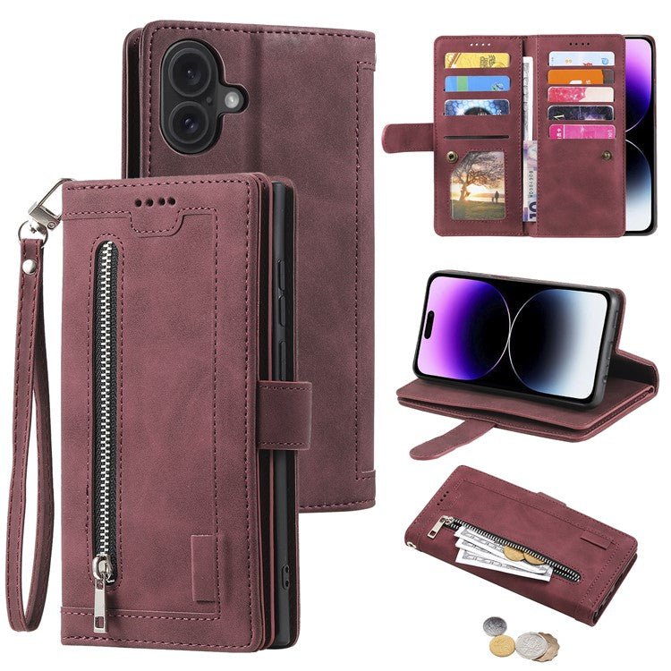 For iPhone 16 Plus Case Zipper Pocket 9 Card Slots PU Leather Phone Cover - Wine Red