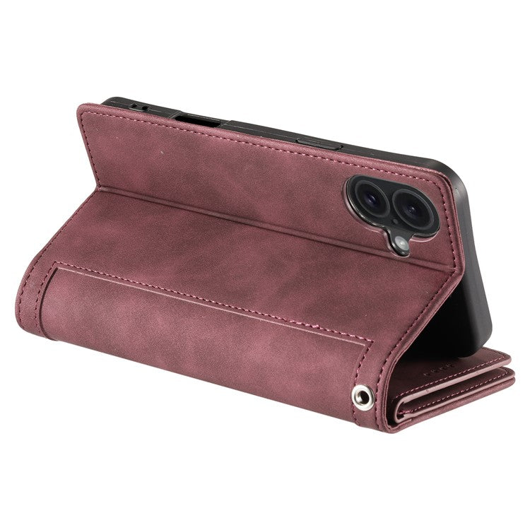 For iPhone 16 Plus Case Zipper Pocket 9 Card Slots PU Leather Phone Cover - Wine Red