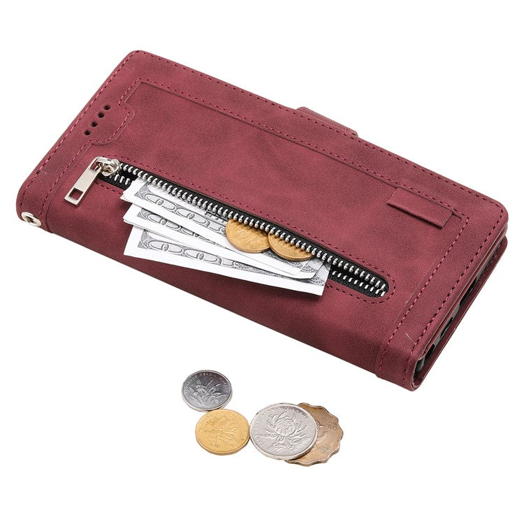 For iPhone 16 Plus Case Zipper Pocket 9 Card Slots PU Leather Phone Cover - Wine Red