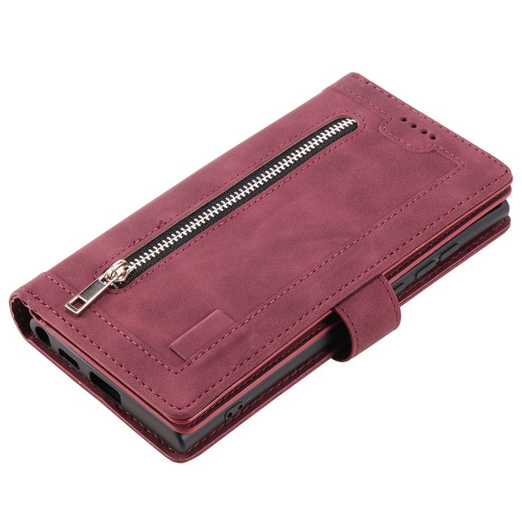 For iPhone 16 Plus Case Zipper Pocket 9 Card Slots PU Leather Phone Cover - Wine Red