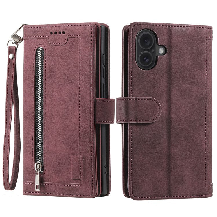 For iPhone 16 Plus Case Zipper Pocket 9 Card Slots PU Leather Phone Cover - Wine Red