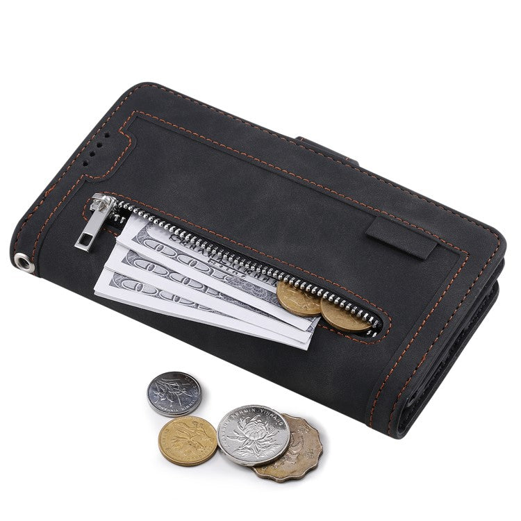 For iPhone 16 Case PU Leather Phone Cover with Zipper Wallet 9 Card Slots - Black