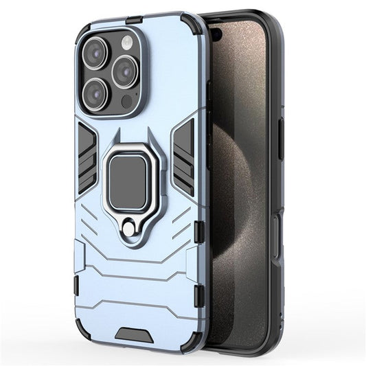 For iPhone 16 Pro Case PC+TPU Ring Kickstand Protective Phone Cover - Blue