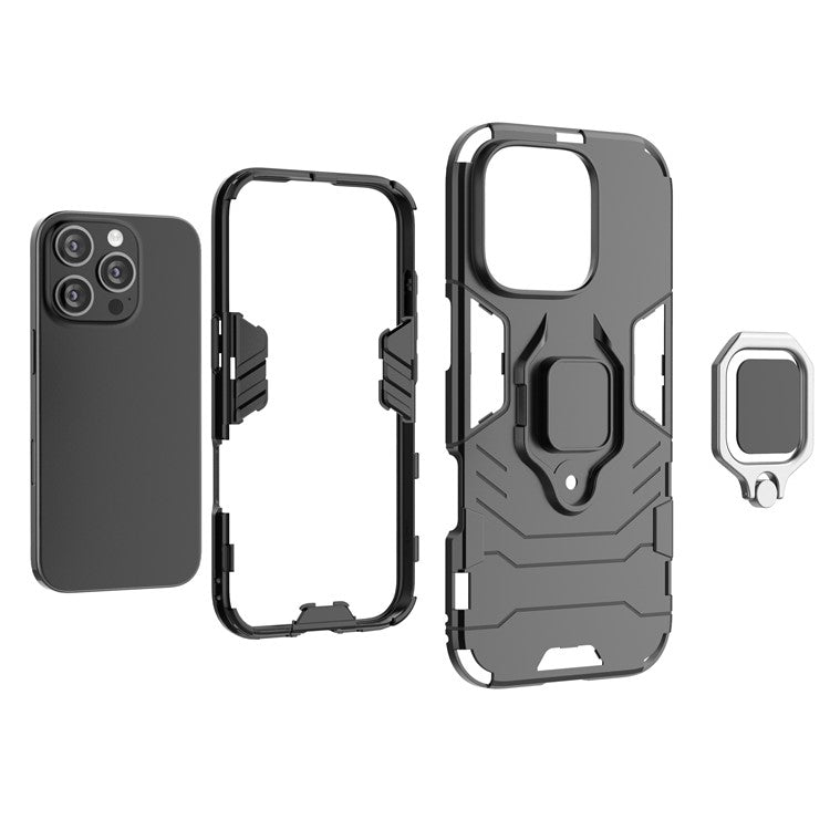 For iPhone 16 Pro Case PC+TPU Ring Kickstand Protective Phone Cover - Blue