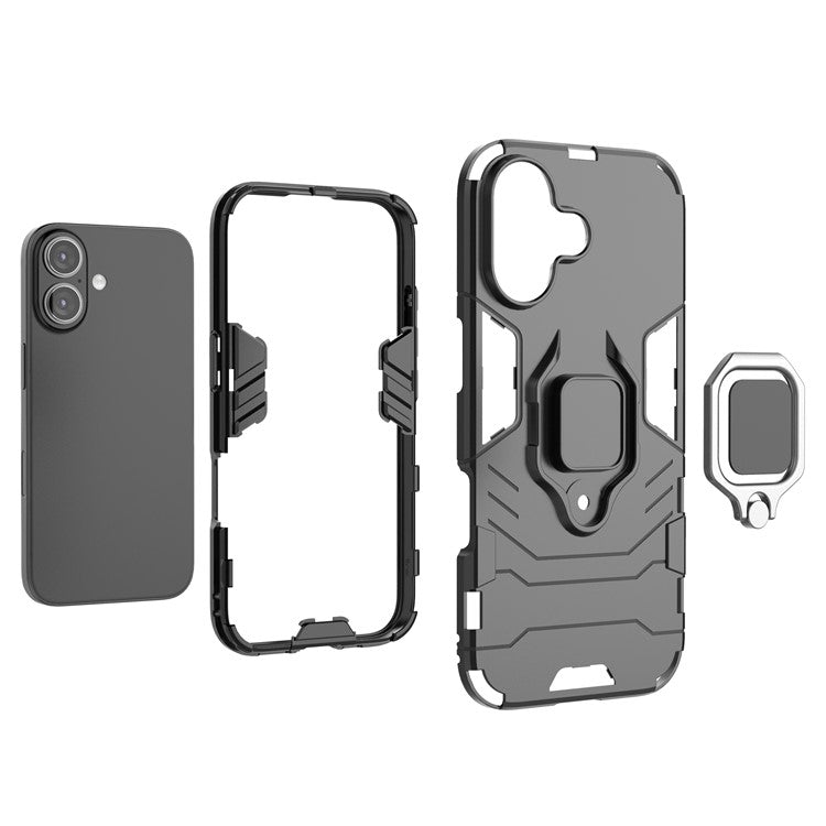 For iPhone 16 Case PC+TPU Ring Holder Kickstand Phone Armor Cover - Red