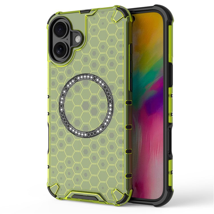 For iPhone 16 Plus Magnetic Phone Case Honeycomb TPU+PC Hybrid Cover - Green