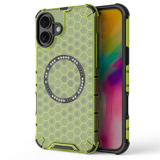 For iPhone 16 Plus Magnetic Phone Case Honeycomb TPU+PC Hybrid Cover - Green