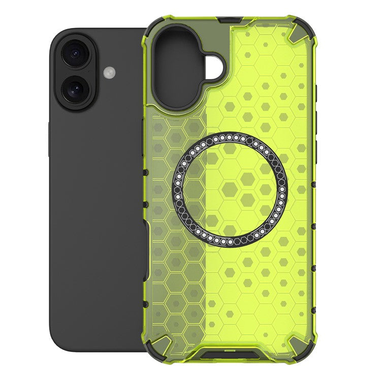 For iPhone 16 Plus Magnetic Phone Case Honeycomb TPU+PC Hybrid Cover - Green