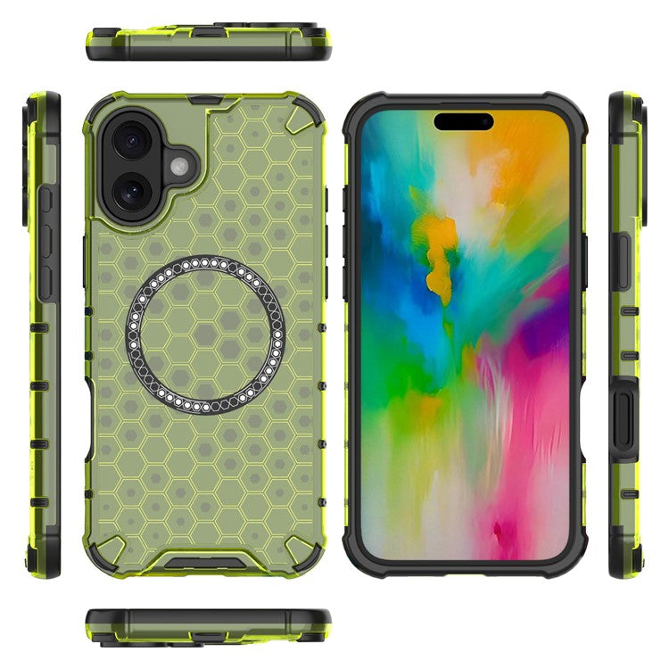 For iPhone 16 Plus Magnetic Phone Case Honeycomb TPU+PC Hybrid Cover - Green