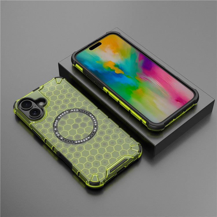 For iPhone 16 Plus Magnetic Phone Case Honeycomb TPU+PC Hybrid Cover - Green