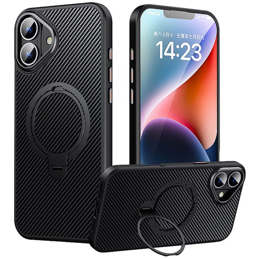 For iPhone 16 Plus Magnetic Case Ring Holder Kickstand PC+TPU Shockproof Phone Cover - Black