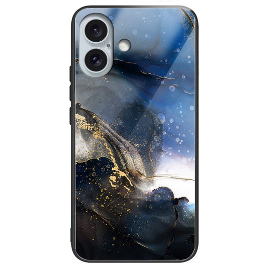 For iPhone 16 Case Tempered Glass+TPU Phone Protector Pattern Printing - Black Blue