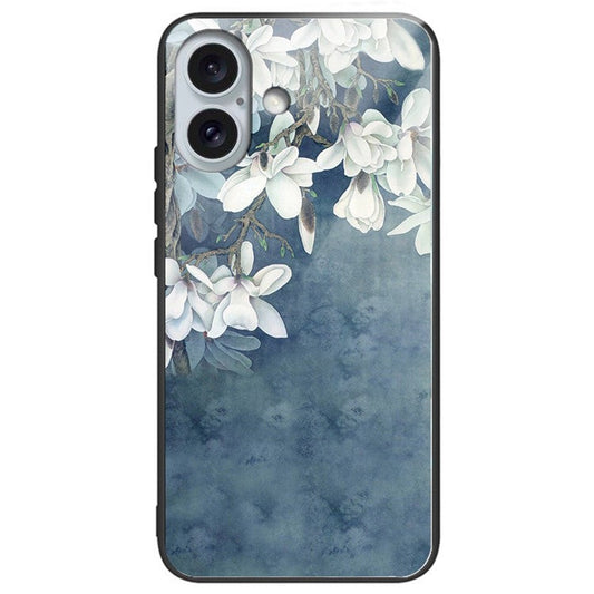 For iPhone 16 Plus Cases Pattern Printed Shockproof TPU Phone Cover Tempered Glass Back - Magnolia