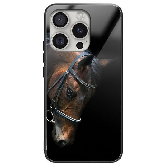 For iPhone 16 Pro Case Pattern Printing Tempered Glass Back TPU Phone Cover - Horse Head