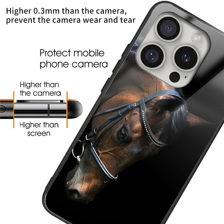 For iPhone 16 Pro Case Pattern Printing Tempered Glass Back TPU Phone Cover - Horse Head