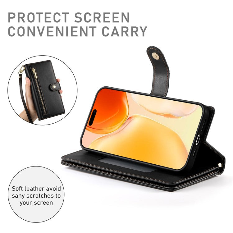 DF-011 For iPhone 16 Plus Case Zipper Pocket Leather Wallet Phone Cover with Straps - Black