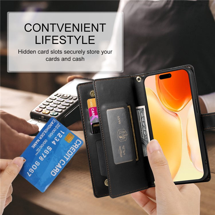 DF-011 For iPhone 16 Plus Case Zipper Pocket Leather Wallet Phone Cover with Straps - Black