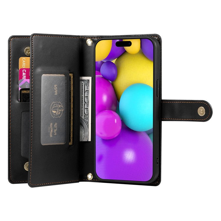 DF-011 For iPhone 16 Case Anti-Drop Leather Wallet Phone Cover with Long / Short Straps - Black