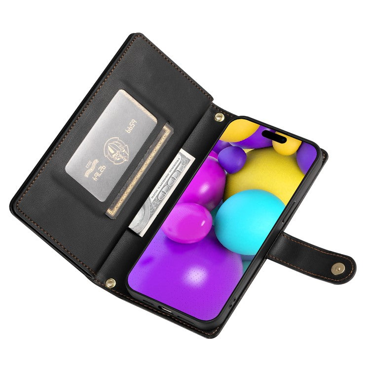 DF-011 For iPhone 16 Case Anti-Drop Leather Wallet Phone Cover with Long / Short Straps - Black