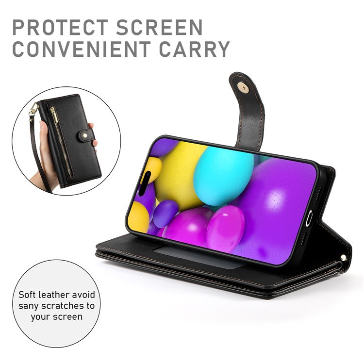 DF-011 For iPhone 16 Case Anti-Drop Leather Wallet Phone Cover with Long / Short Straps - Black
