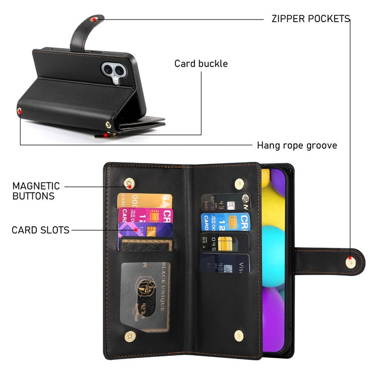 DF-011 For iPhone 16 Case Anti-Drop Leather Wallet Phone Cover with Long / Short Straps - Black
