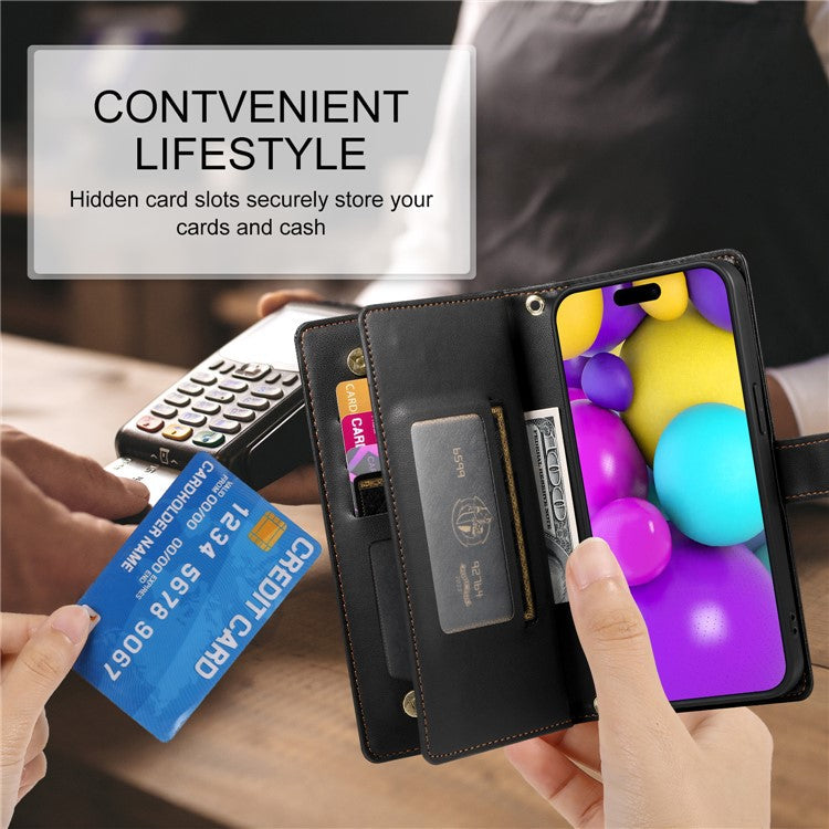 DF-011 For iPhone 16 Case Anti-Drop Leather Wallet Phone Cover with Long / Short Straps - Black