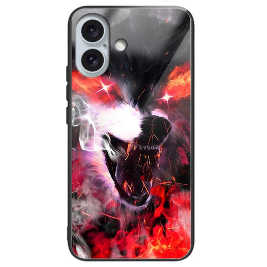For iPhone 16 Plus Case Tempered Glass Back TPU Phone Shell Pattern Printed - Fierce Wolf