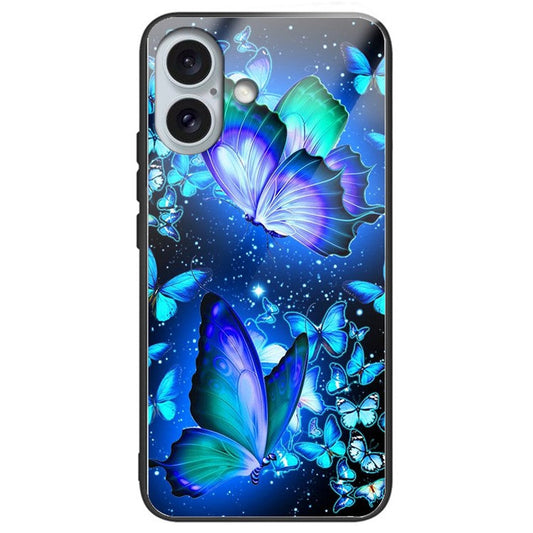 For iPhone 16 Plus Case Tempered Glass Back TPU Phone Shell Pattern Printed - Blue Butterflies