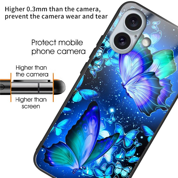 For iPhone 16 Plus Case Tempered Glass Back TPU Phone Shell Pattern Printed - Blue Butterflies