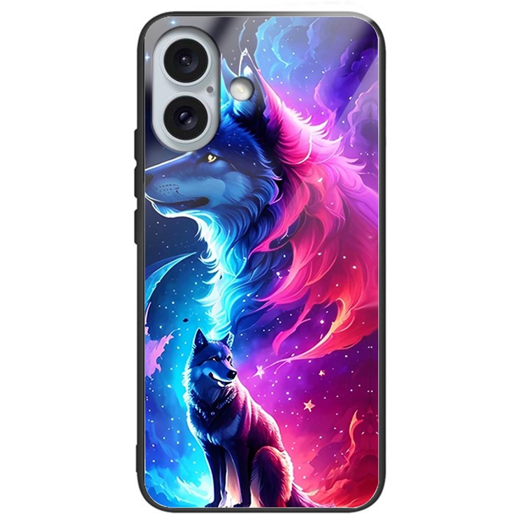 For iPhone 16 Plus Case Tempered Glass Back TPU Phone Shell Pattern Printed - Starry Wolf