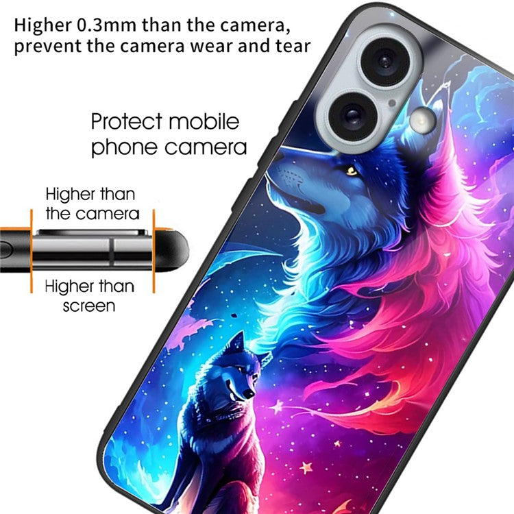 For iPhone 16 Plus Case Tempered Glass Back TPU Phone Shell Pattern Printed - Starry Wolf