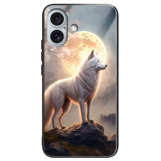 For iPhone 16 Plus Case Tempered Glass Back TPU Phone Shell Pattern Printed - Moonlight Wolf