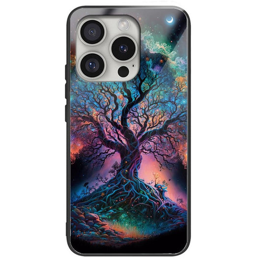 For iPhone 16 Pro Case Pattern Printed Tempered Glass+TPU Protective Phone Cover - Colorful Tree
