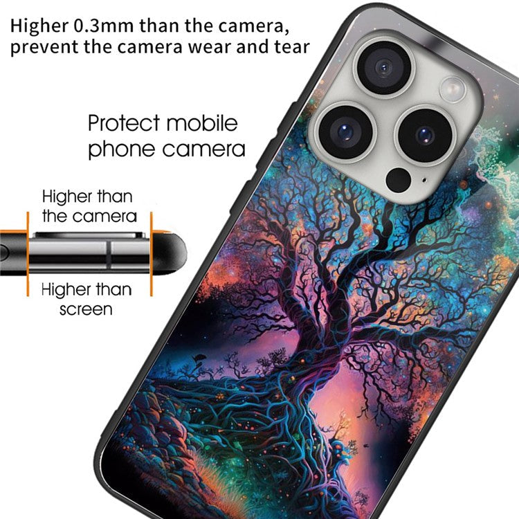 For iPhone 16 Pro Case Pattern Printed Tempered Glass+TPU Protective Phone Cover - Colorful Tree