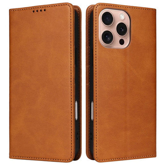 For iPhone 16 Pro Case RFID Blocking PU Leather Folio Flip Phone Cover - Brown