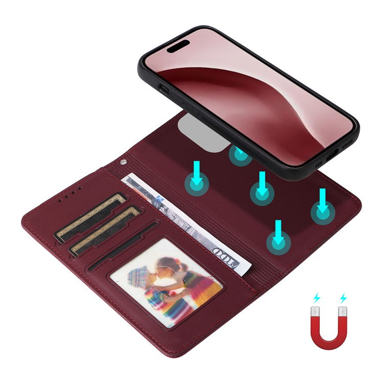BETOPNICE 005 For iPhone 16 Pro Case Wallet Leather Cover Detachable 2-in-1 - Wine Red