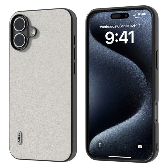 ABEEL For iPhone 16 Plus Case Anti-scratch Genuine Cow Leather Back Phone Cover - Grey