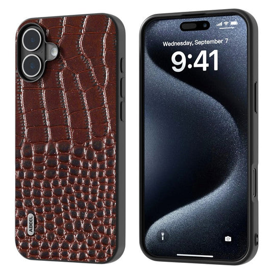 ABEEL For iPhone 16 Plus Case Genuine Cow Leather Back Phone Cover Crocodile Texture - Coffee