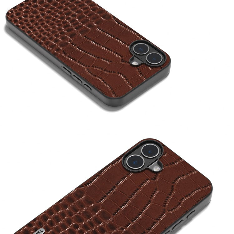 ABEEL For iPhone 16 Plus Case Genuine Cow Leather Back Phone Cover Crocodile Texture - Coffee