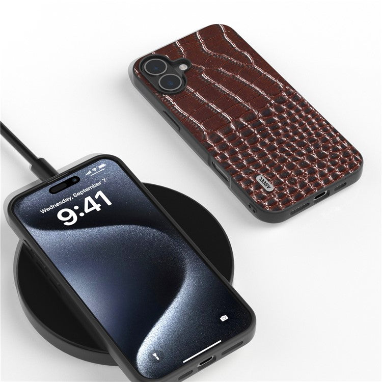 ABEEL For iPhone 16 Plus Case Genuine Cow Leather Back Phone Cover Crocodile Texture - Coffee