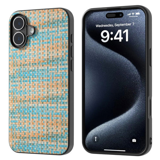 For iPhone 16 Case Plaid Texture PU Leather+PC+TPU Hybrid Phone Cover - Blue
